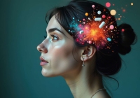 Close up woman with surreal abstracts. Psychedelic and ketamine therapy.